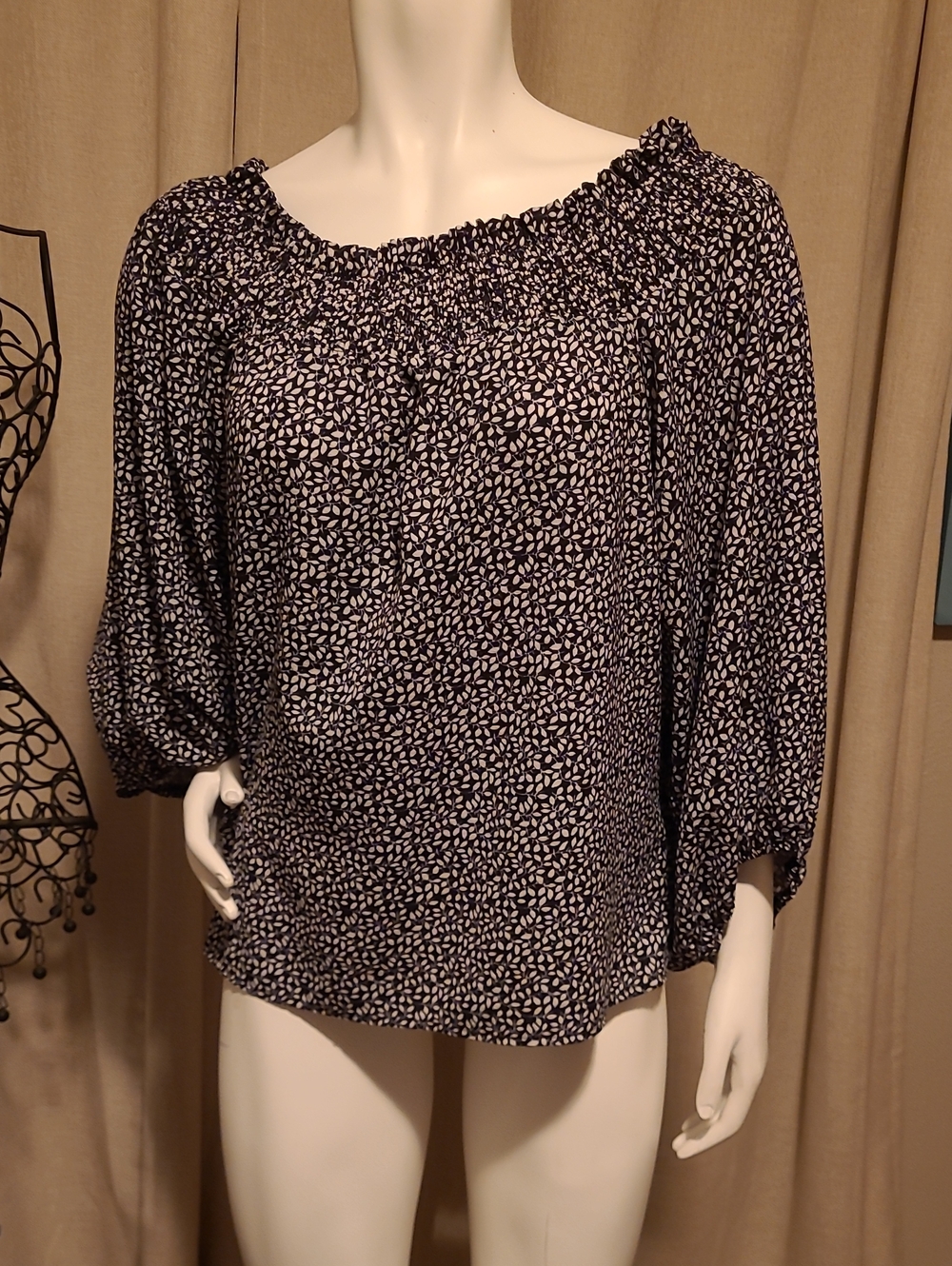 CBR Black and White Leaf-Print Smocked Neck Blouse